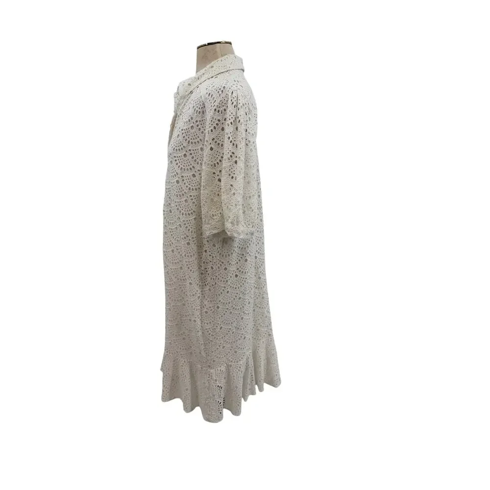 Tanya Taylor Aliciana Eyelet Lace Shirt Dress White Cotton Midi Size 18 NWT